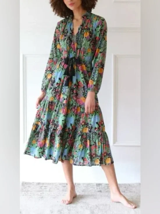 Mille Astrid Midi Dress Botanica Floral Tiered | L - Picture 1 of 5